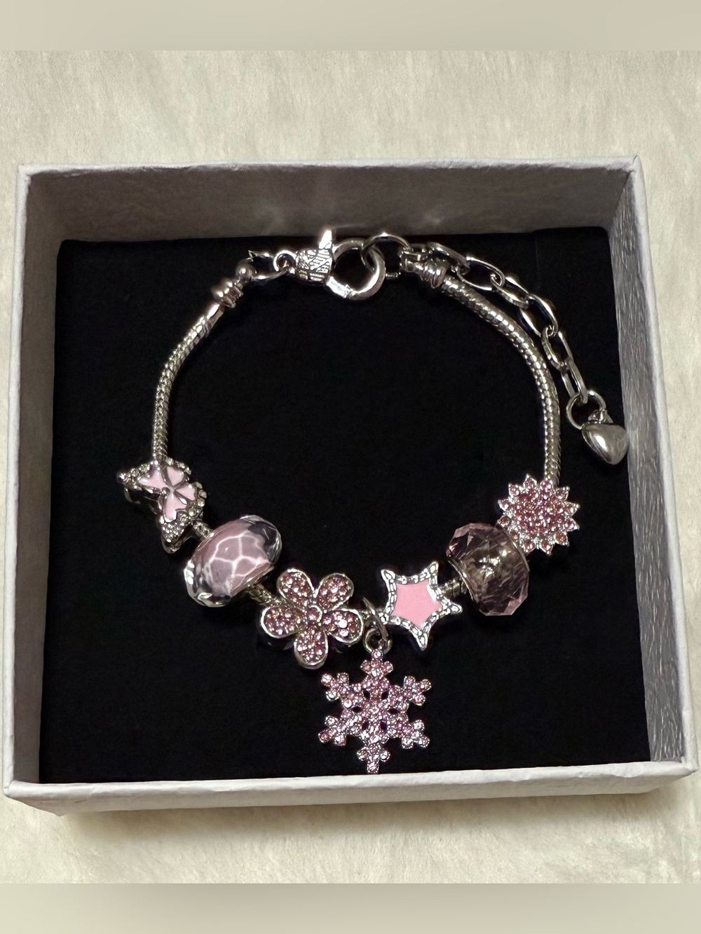 Stainless Steel Pink Crystal Snowflake Charm Bracelet